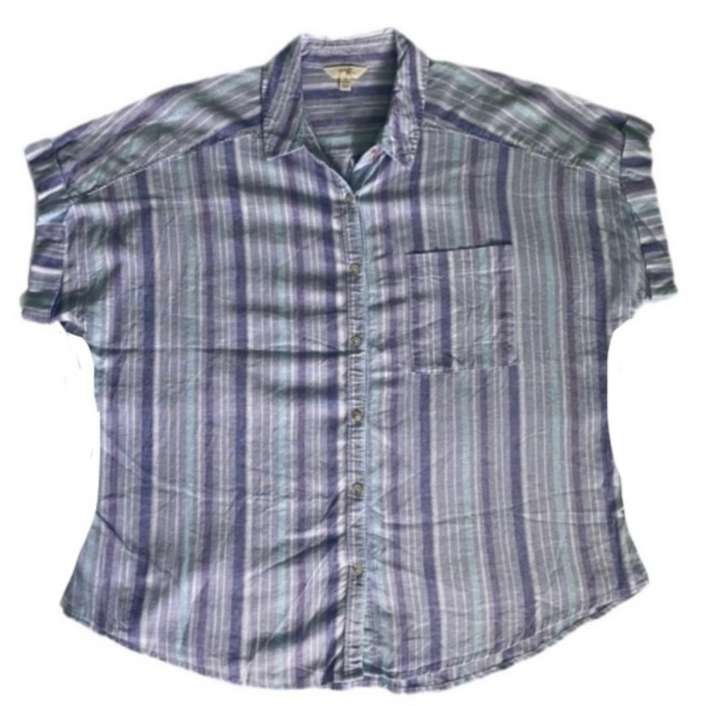 Linen Blouse Chic Relaxed Button Front Purple Striped 1X (16-18) Short Sleeve